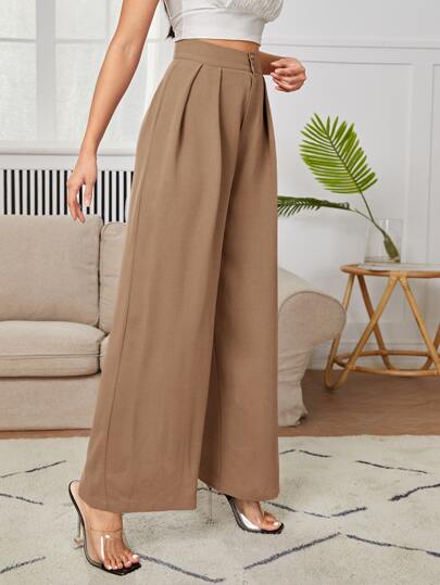 SHEIN MUJER - Pantalones De Vestir De Pierna Ancha Con Pliegues En La Cintura