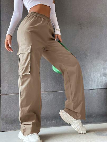 SHEIN Mujer - Pantalones cargo unicolor de talle alto con bolsillo con solapa