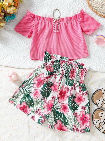 SHEIN Bebé/Niña - Top De Hombros Descubiertos Para Niñas, Y Shorts Con Cintura Tipo Saco Y Estampado Tropical.