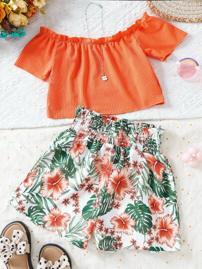 SHEIN Bebé/Niña - Top De Hombros Descubiertos Para Niñas, Y Shorts Con Cintura Tipo Saco Y Estampado Tropical.