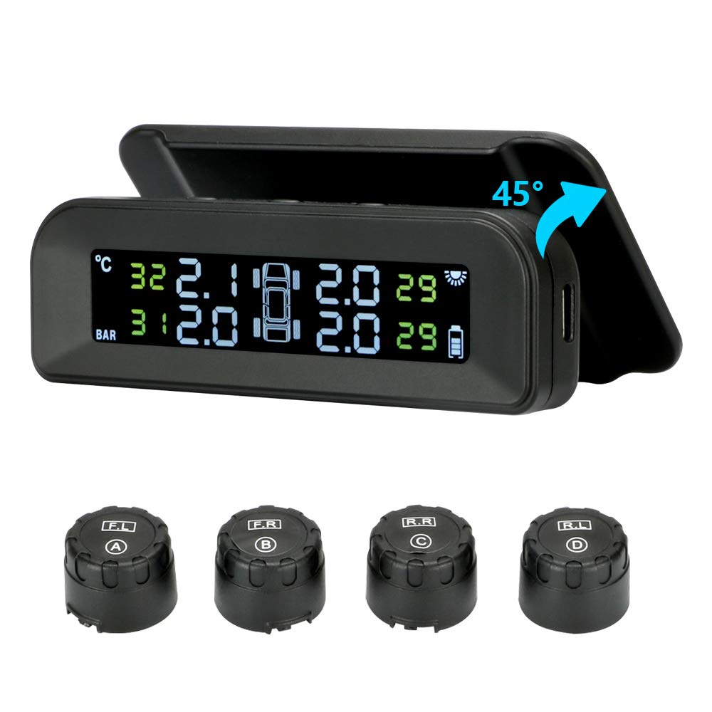 Sistema de monitoreo de presión de neumáticos TPMS solar inalámbrico, monitor de presión de neumáticos instalado en el protector de ventana con 4 sensores externos Pantalla en tiempo real