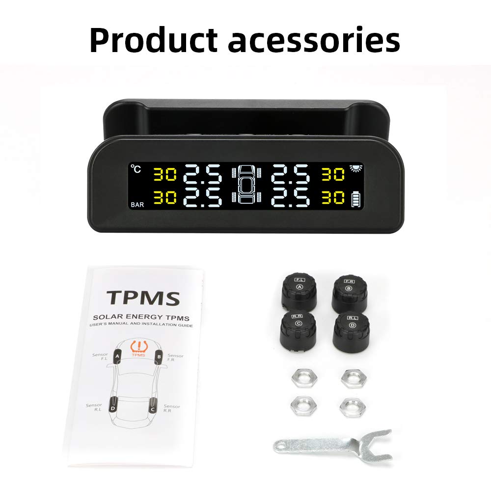 Sistema de monitoreo de presión de neumáticos TPMS solar inalámbrico, monitor de presión de neumáticos instalado en el protector de ventana con 4 sensores externos Pantalla en tiempo real