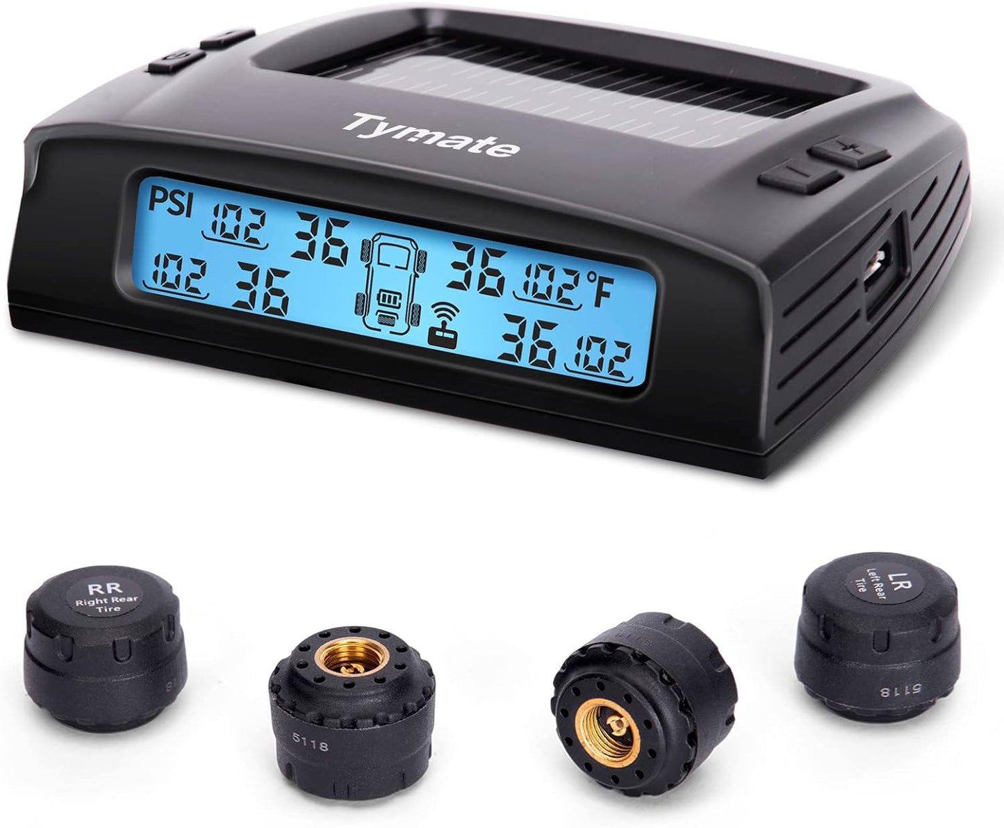 Tymate - Sistema de monitoreo de presión de neumáticos, con carga solar, 5 modos de alarma, retroiluminación automática y pantalla LCD inteligente, modo de suspensión automática, con 4 sensores TPMS externos (0-87 PSI)