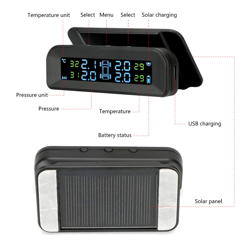 Sistema de monitoreo de presión de neumáticos TPMS solar inalámbrico, monitor de presión de neumáticos instalado en el protector de ventana con 4 sensores externos Pantalla en tiempo real