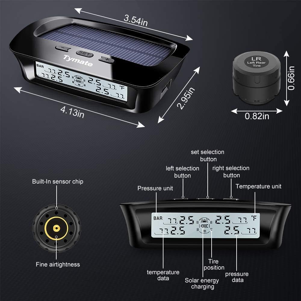 Tymate - Sistema de monitoreo de presión de neumáticos RV - Sistema de monitor de presión de neumáticos M12-3 (0-145 PSI) con carga solar, 5 modos de alarma, modo de suspensión automática, pantalla LCD