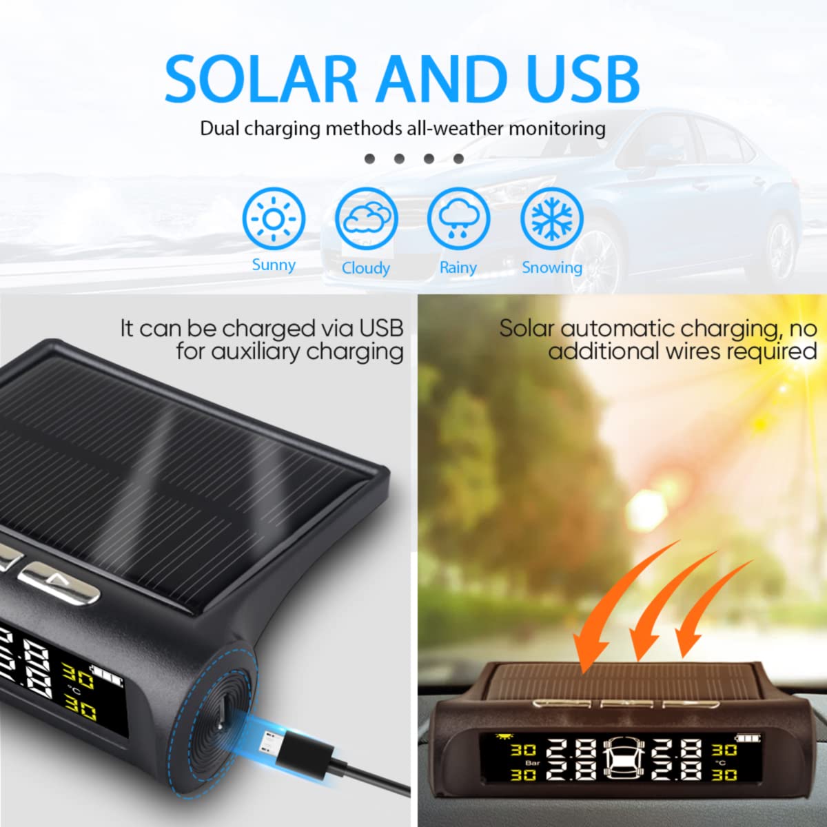 T6 Sistemas de monitoreo de presión de neumáticos TPMS 6 modos de alarma Energía solar inalámbrica y carga USB con 4 sensores externos Alarma de presión y temperatura en tiempo real