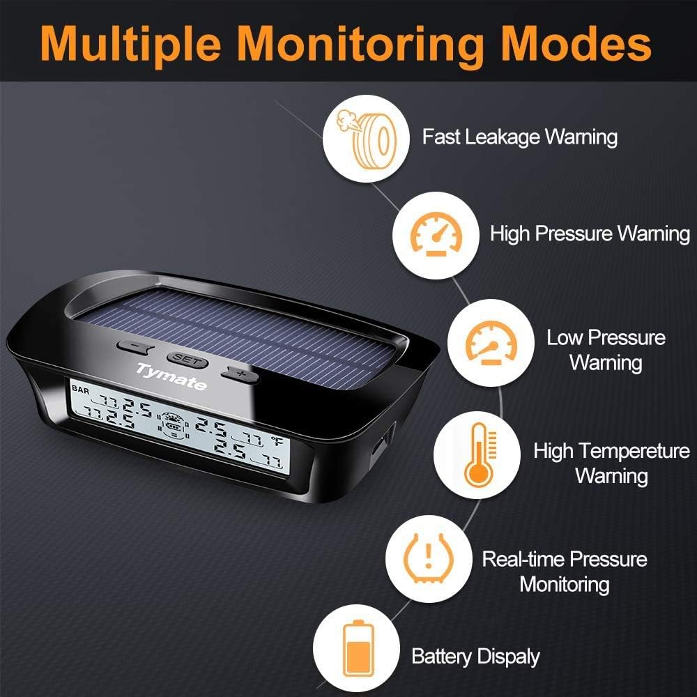 Tymate - Sistema de monitoreo de presión de neumáticos RV - Sistema de monitor de presión de neumáticos M12-3 (0-145 PSI) con carga solar, 5 modos de alarma, modo de suspensión automática, pantalla LCD