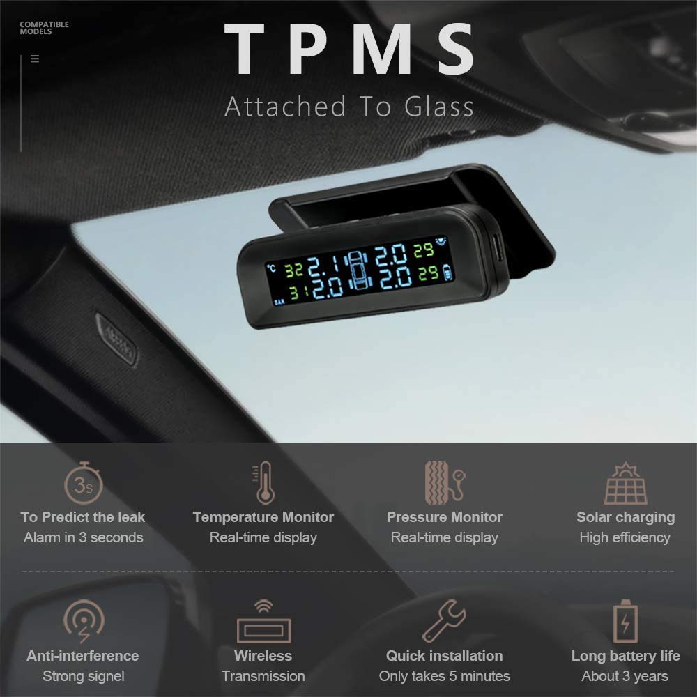 Sistema de monitoreo de presión de neumáticos TPMS solar inalámbrico, monitor de presión de neumáticos instalado en el protector de ventana con 4 sensores externos Pantalla en tiempo real