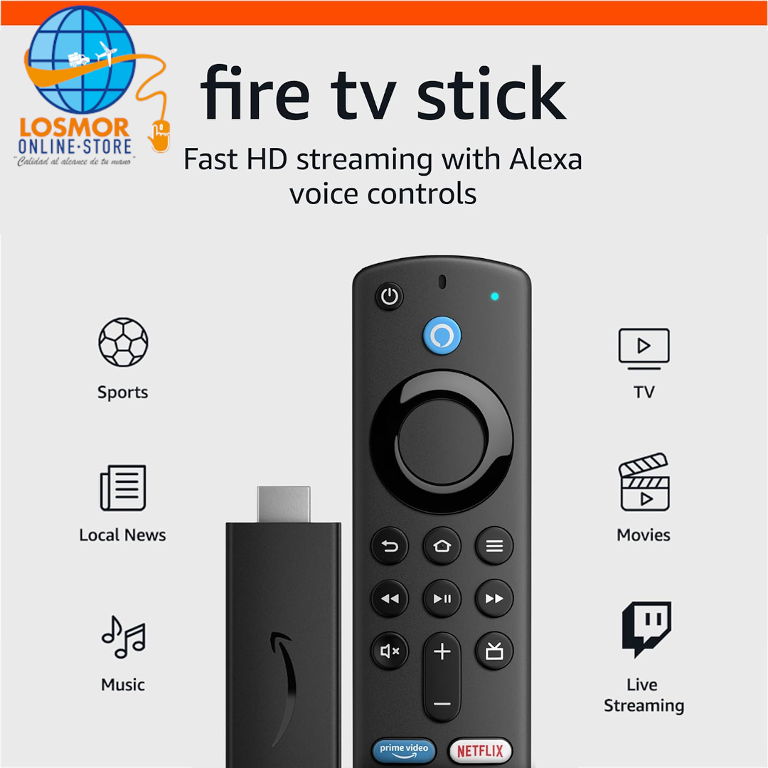 Amazon Fire TV Stick, HD, calidad nítida de imagen, streaming rápido, TV en vivo y gratuita, control remoto por voz Alexa que controla la televisión