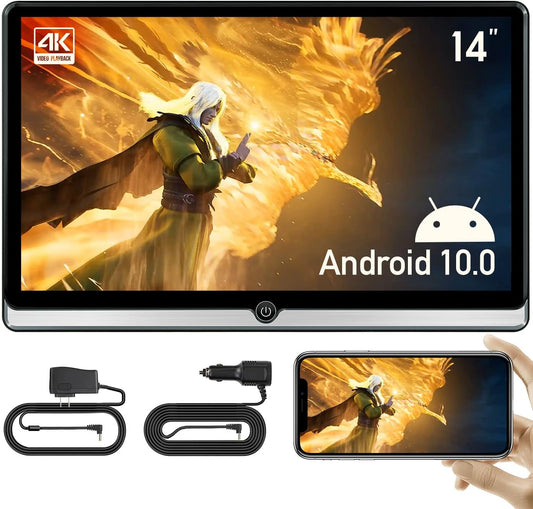 14 pulgadas nuevo 4K Android 10.0 portátil coche TV Headrest Monitor Tablet para asiento trasero, teléfono soporte inalámbrico espejo pantalla táctil, con WiFi/Bluetooth/HDMI/USB/AV in/FM/Airplay