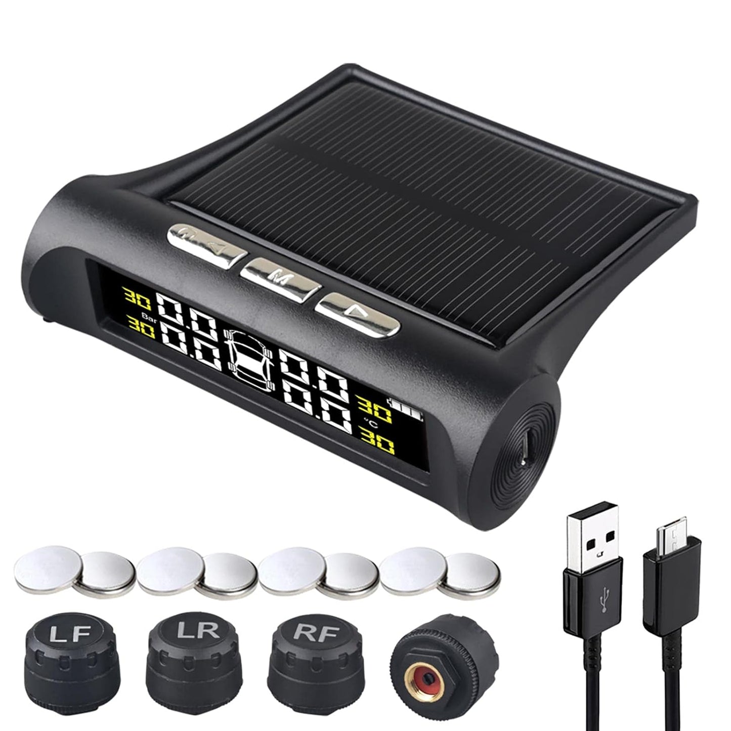 T6 Sistemas de monitoreo de presión de neumáticos TPMS 6 modos de alarma Energía solar inalámbrica y carga USB con 4 sensores externos Alarma de presión y temperatura en tiempo real