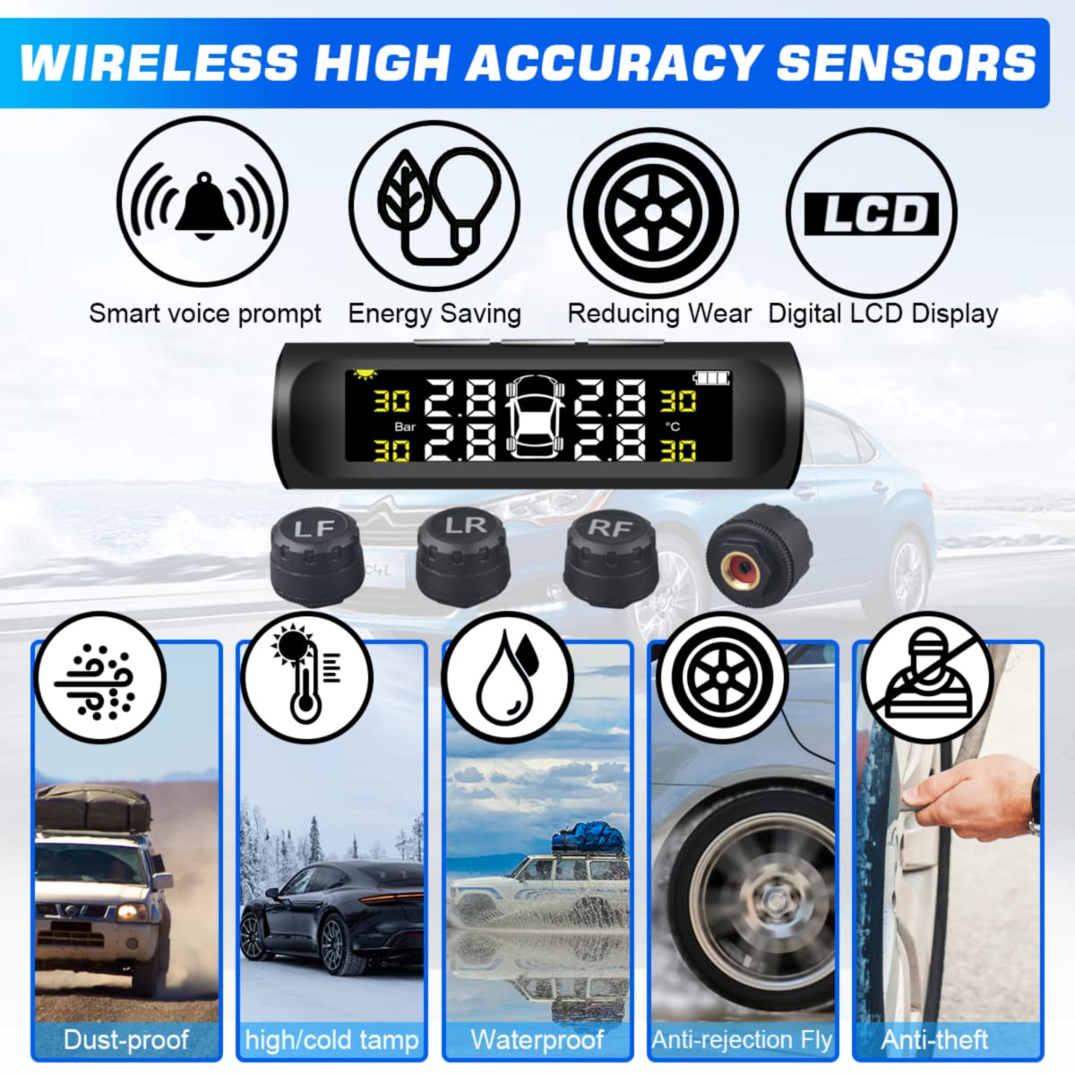 T6 Sistemas de monitoreo de presión de neumáticos TPMS 6 modos de alarma Energía solar inalámbrica y carga USB con 4 sensores externos Alarma de presión y temperatura en tiempo real