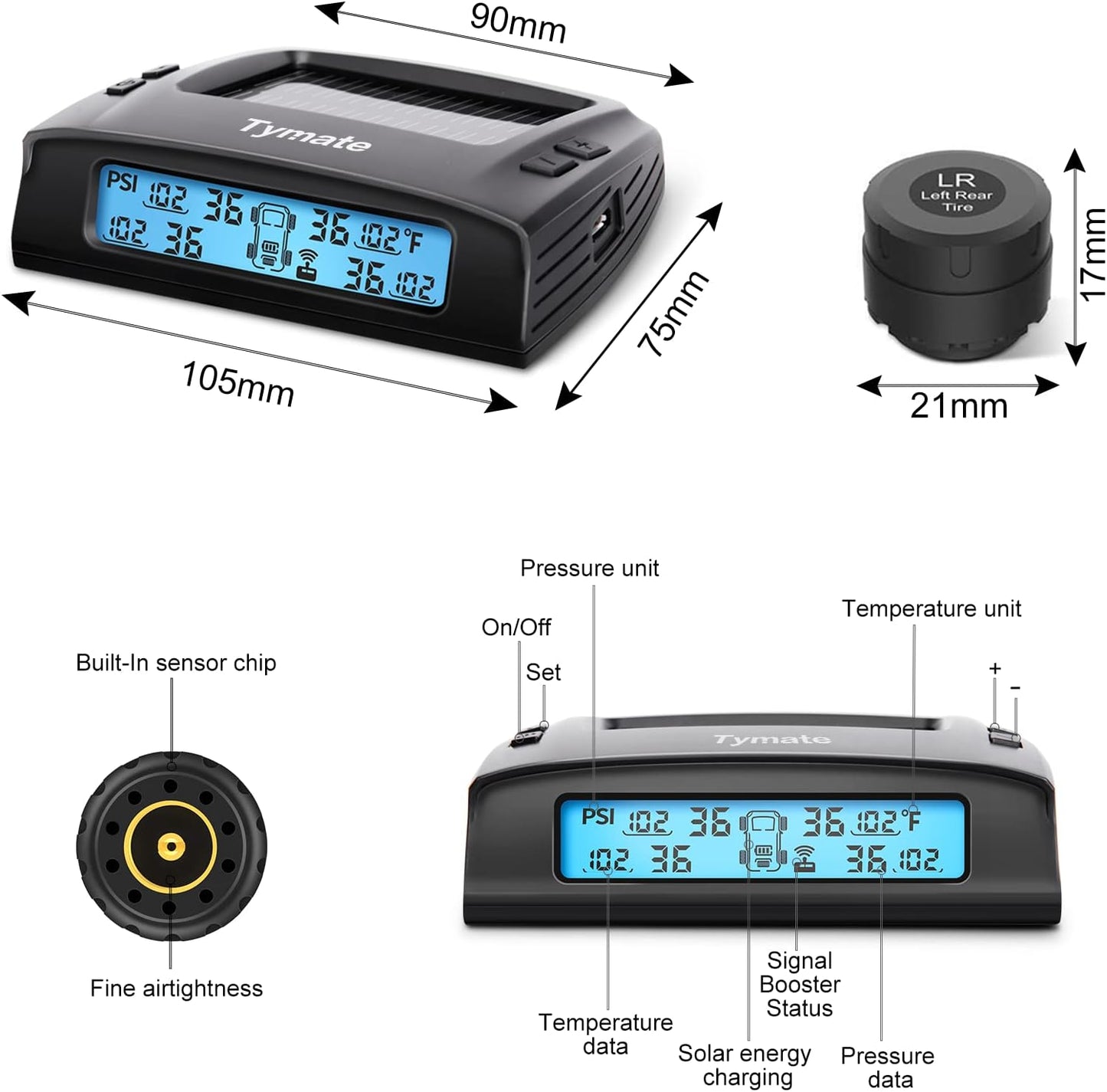 Tymate - Sistema de monitoreo de presión de neumáticos, con carga solar, 5 modos de alarma, retroiluminación automática y pantalla LCD inteligente, modo de suspensión automática, con 4 sensores TPMS externos (0-87 PSI)