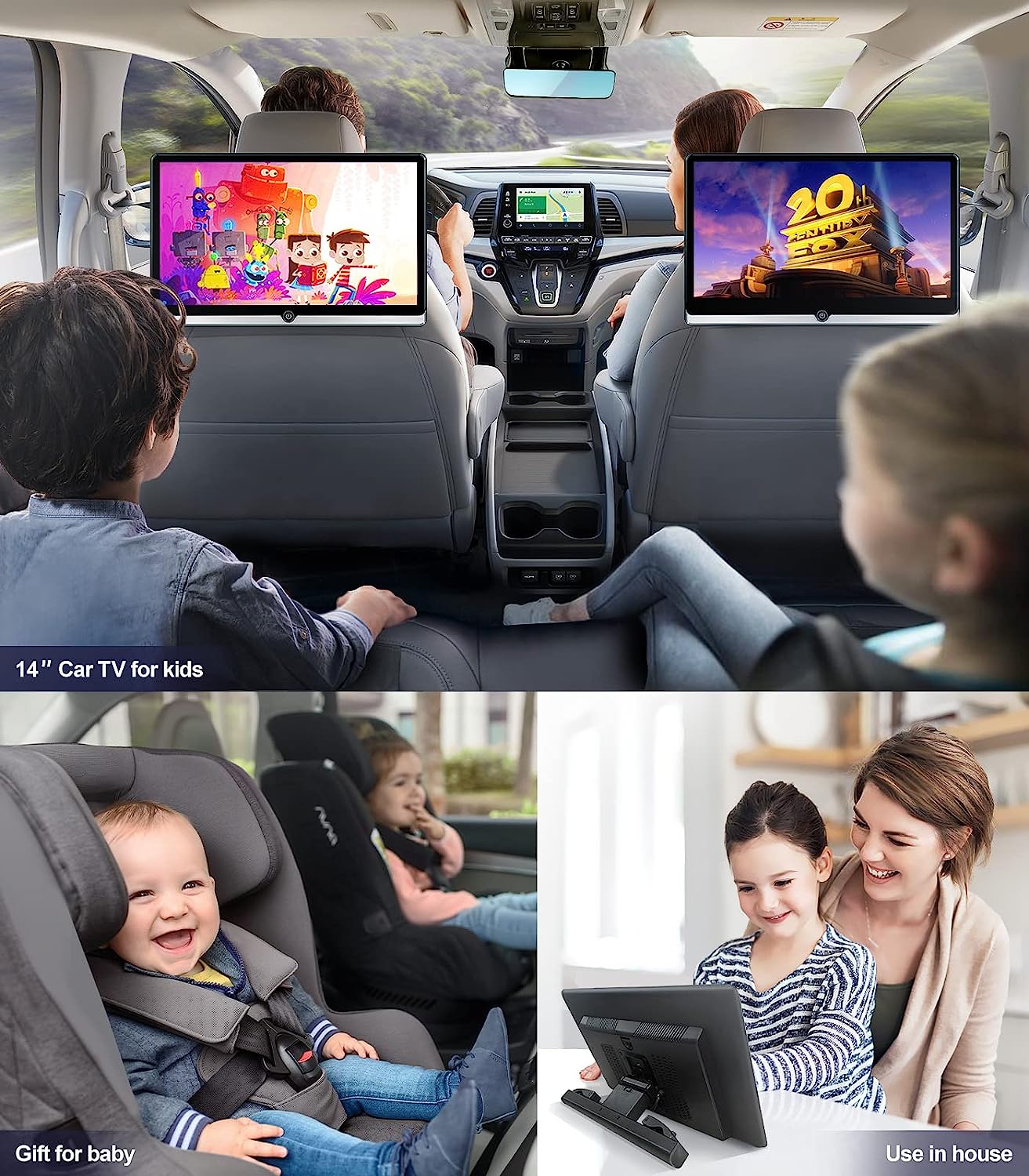 14 pulgadas nuevo 4K Android 10.0 portátil coche TV Headrest Monitor Tablet para asiento trasero, teléfono soporte inalámbrico espejo pantalla táctil, con WiFi/Bluetooth/HDMI/USB/AV in/FM/Airplay