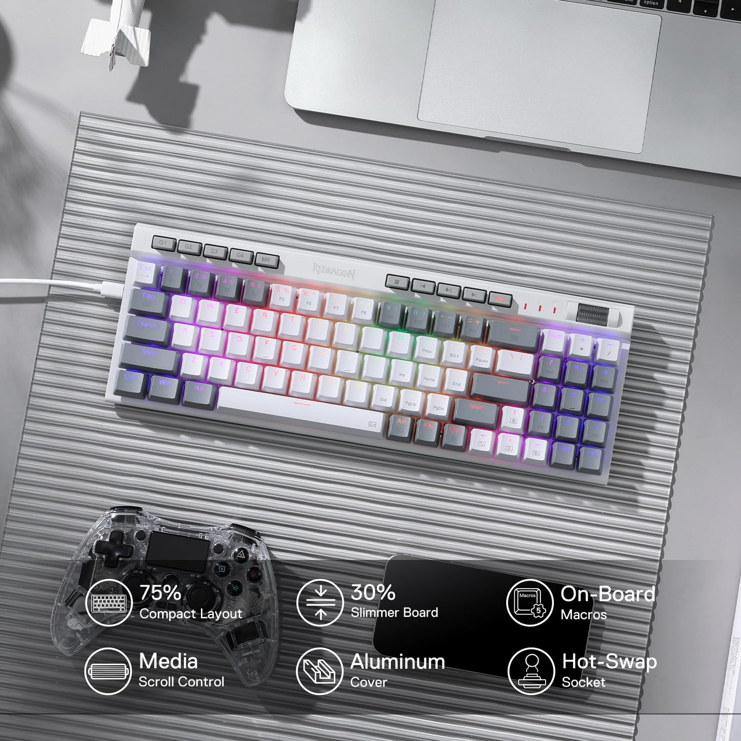 Redragon Teclado mecánico para juegos K655 75% RGB con cable, 78 teclas de intercambio en caliente con tablero de cubierta de aluminio, enchufe mejorado y teclas macro/multimedia integradas